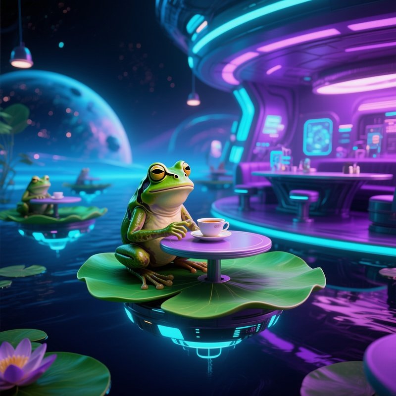 Frog Drinking Tea Floating Lily Pad Cafe Sci Fi