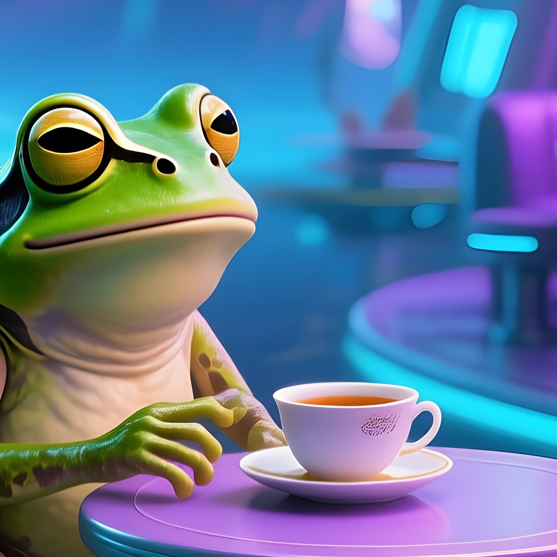 Frog Drinking Tea Floating Lily Pad Cafe Sci Fi - Full Resolution Quality Preview