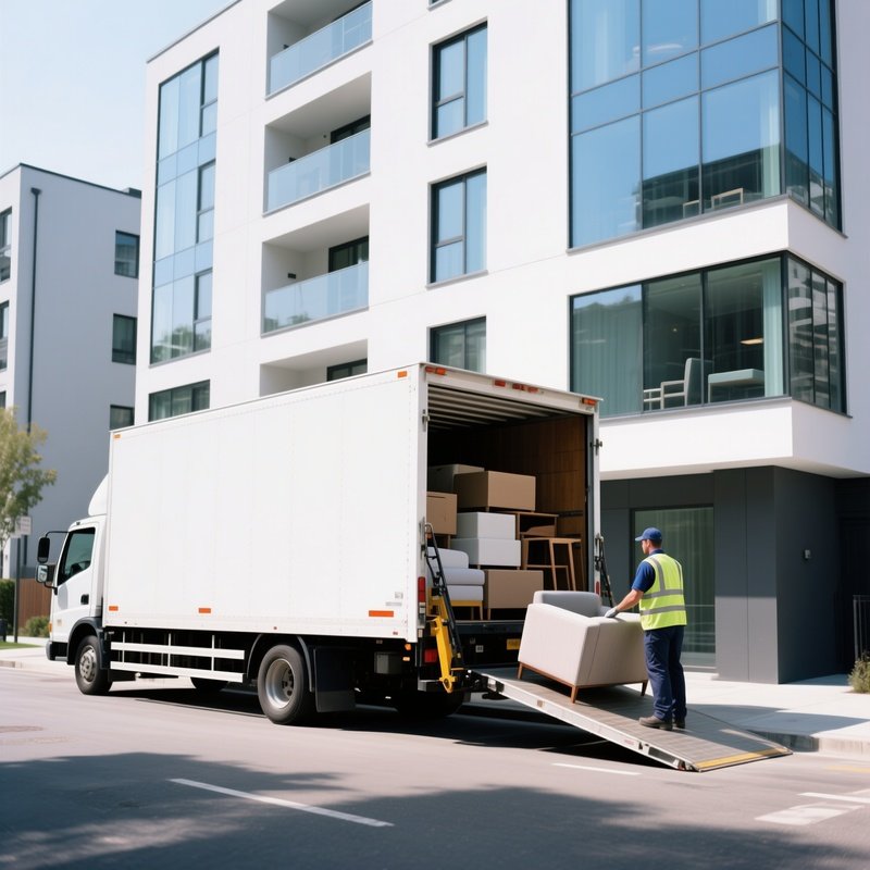 Furniture Delivery Truck Parked Outside Modern Apartment Building