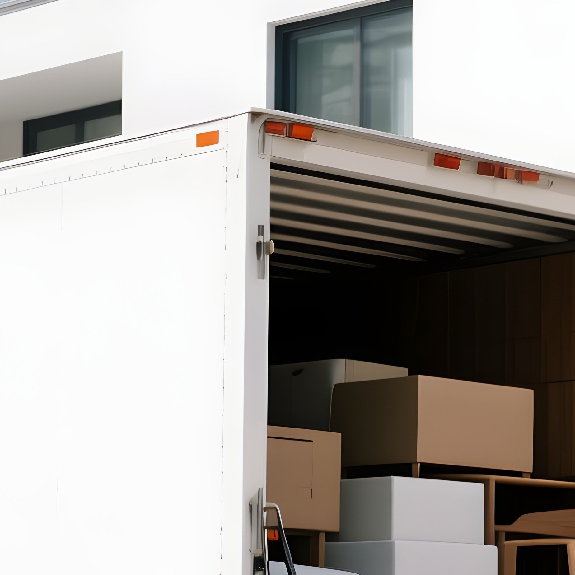 Furniture Delivery Truck Parked Outside Modern Apartment Building - Full Resolution Quality Preview