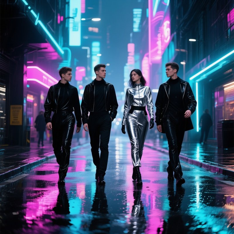 Future Friends In Black Silver Outfits Walking Neon City Streets