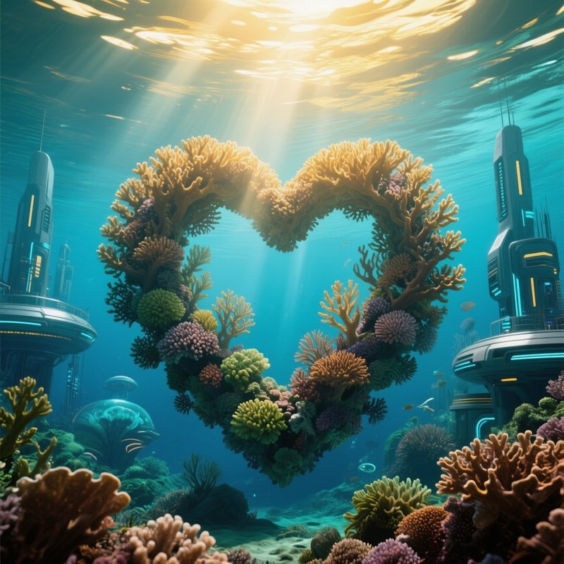 Future Underwater Heart Shaped Coral Reef In Golden Sunlight