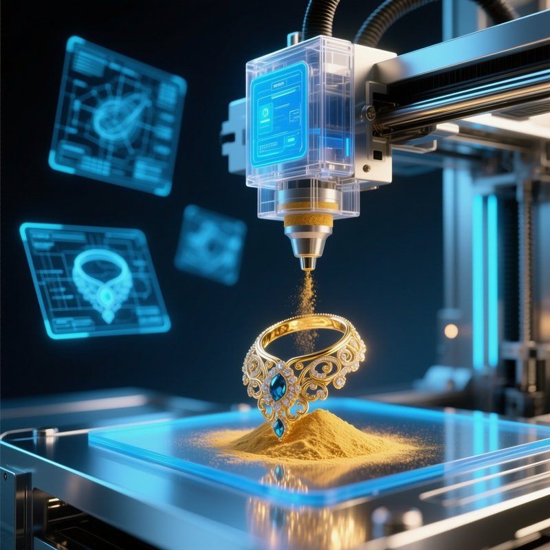 Futuristic 3D Printer Creating Jewelry Gold Powder