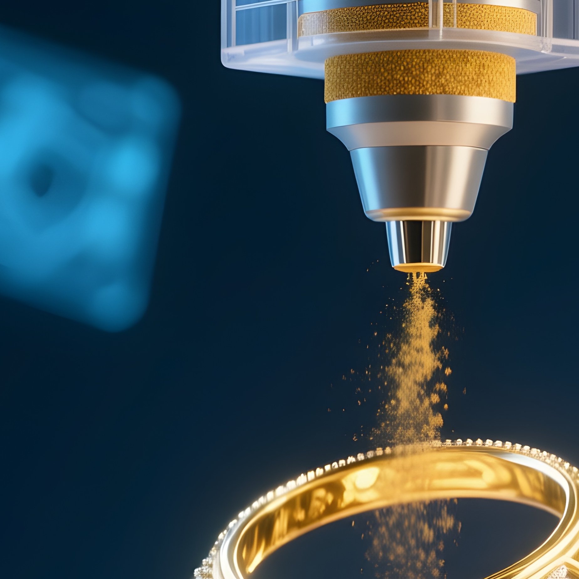 Futuristic 3D Printer Creating Jewelry Gold Powder - Full Resolution Quality Preview