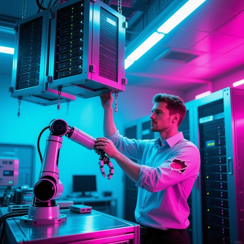 Futuristic Ai Lab With Suspended Servers And Engineer