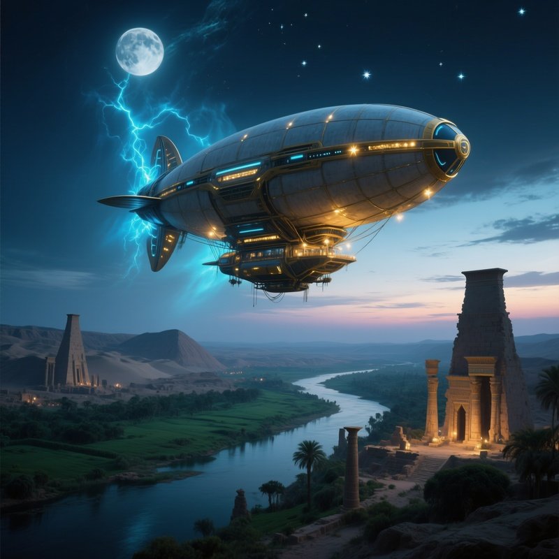 Futuristic Airship Above Nile Valley Fantasy
