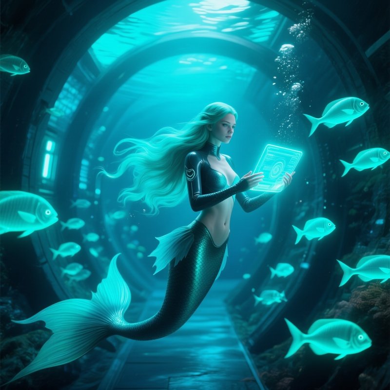 Futuristic Aquarium Tunnel With Bioluminescent Fish