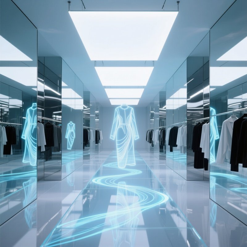 Futuristic Boutique Hallway Mirrored Walls Led Light Holographic Clothing
