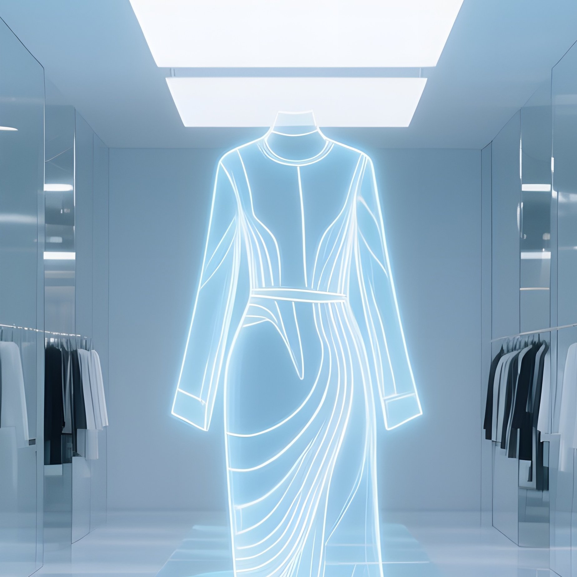 Futuristic Boutique Hallway Mirrored Walls Led Light Holographic Clothing - Full Resolution Quality Preview