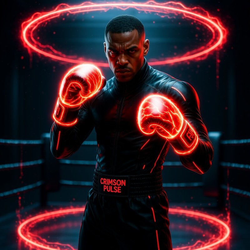 Futuristic Boxer Crimson Pulse Energy Gloves Holographic Ring