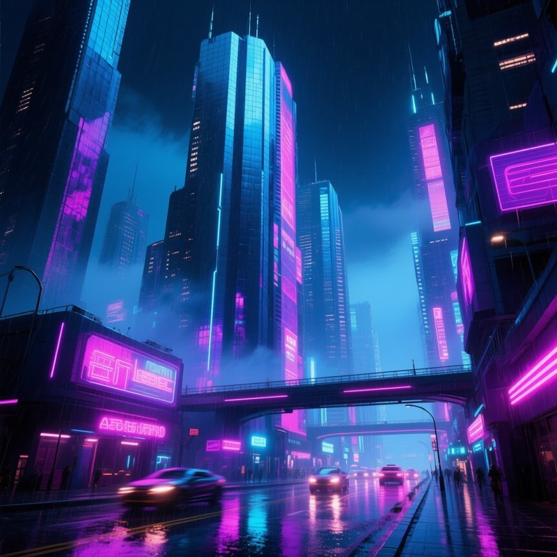 Futuristic City At Night Neon Rain