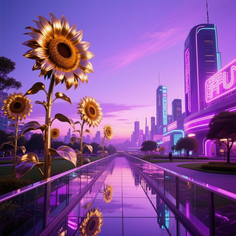 Futuristic City Park At Twilight Pop Art Sunflowers