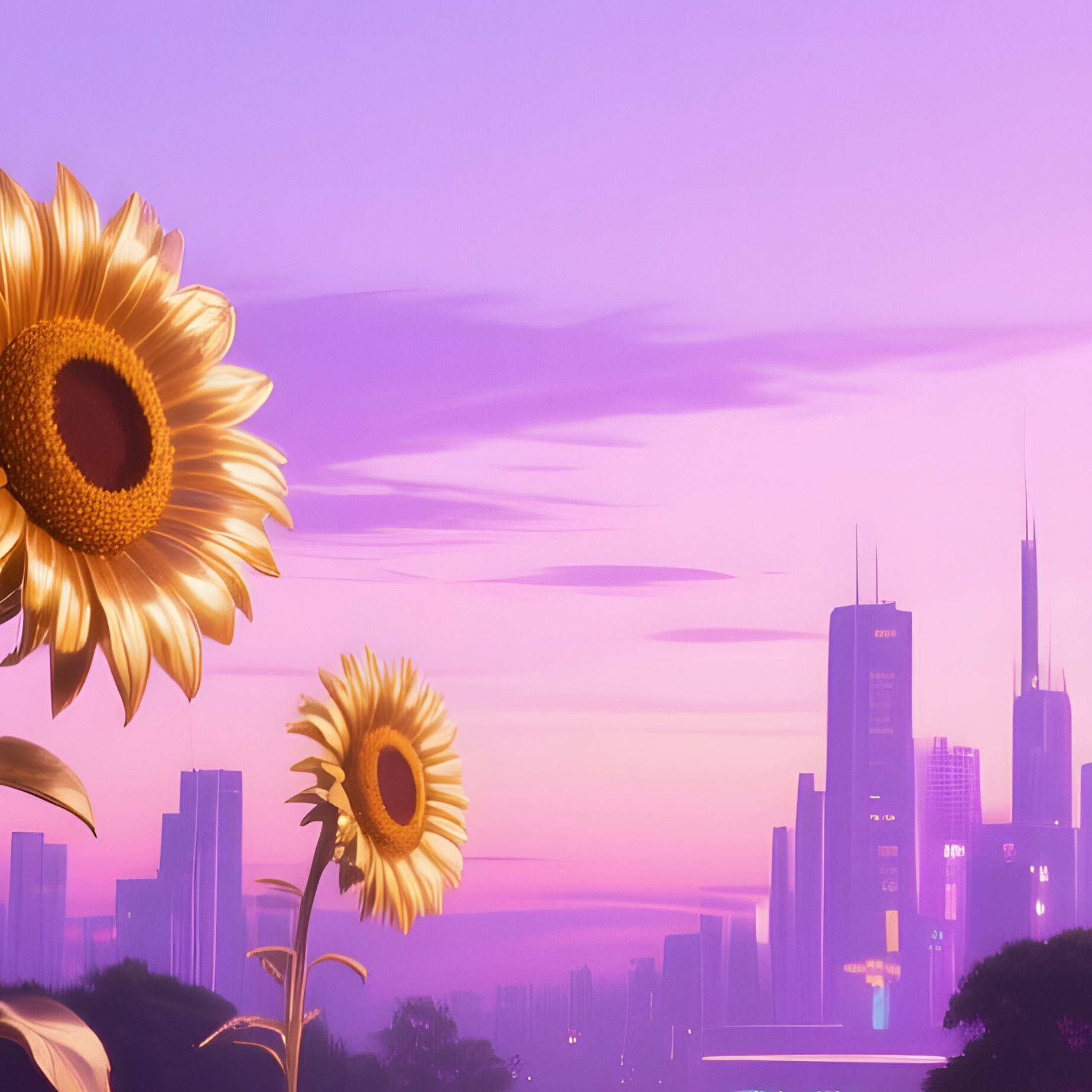 Futuristic City Park At Twilight Pop Art Sunflowers - Full Resolution Quality Preview