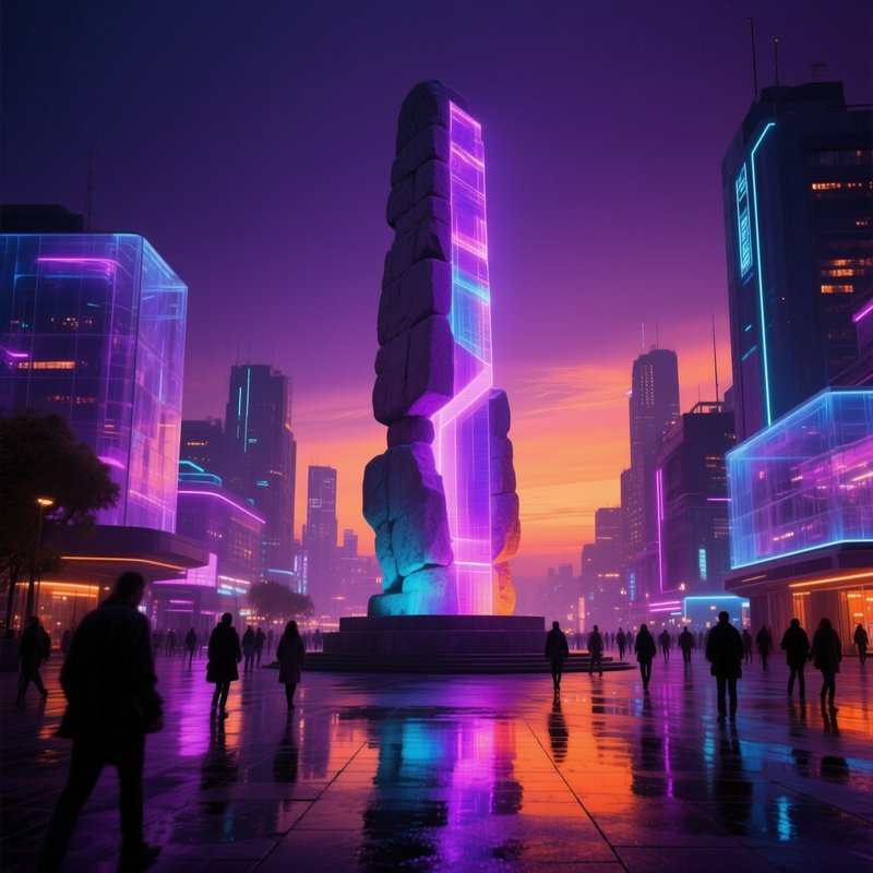 Futuristic City Plaza Holographic Sculpture Reflection