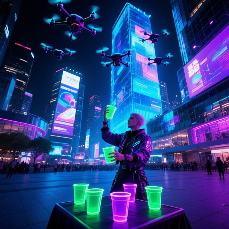 Futuristic City Plaza Night Holographic Billboards Cyber Performer Shell Game Drones