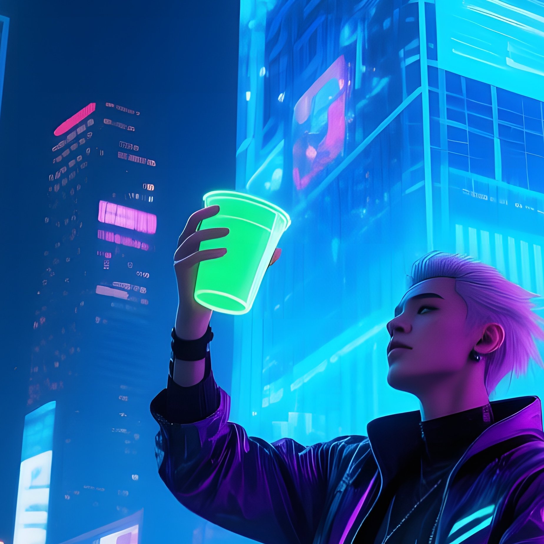 Futuristic City Plaza Night Holographic Billboards Cyber Performer Shell Game Drones - Full Resolution Quality Preview