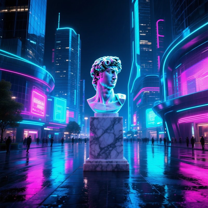 Futuristic City Square Holographic Marble Statue