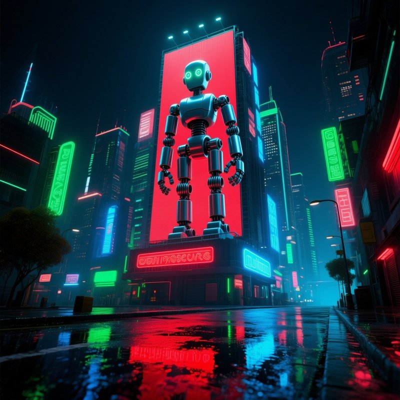 Futuristic Cityscape Night Neon Reflections Robot Sausage Tube Billboard