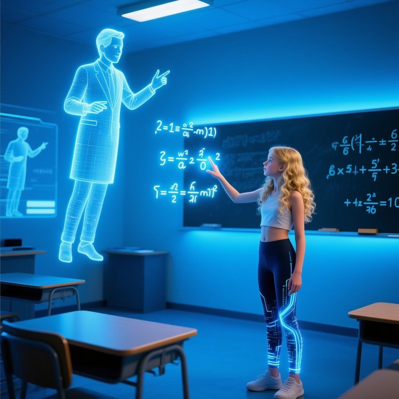 Futuristic Classroom Holographic Teachers Student Interacting Equations