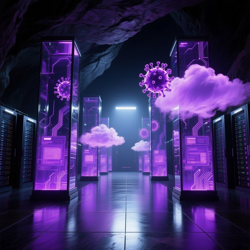Futuristic Data Center Cavern With Glass Towers And Virus Clouds