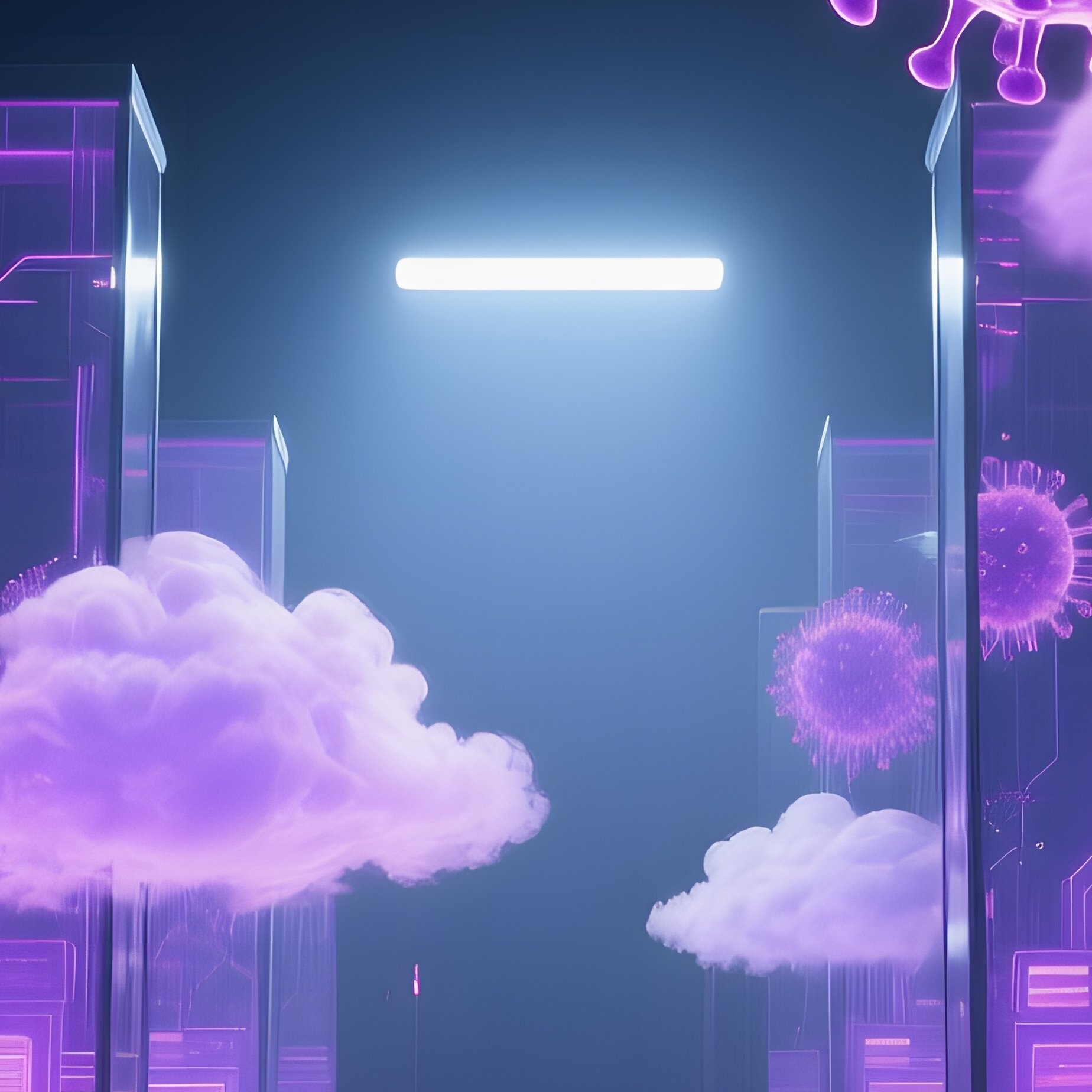 Futuristic Data Center Cavern With Glass Towers And Virus Clouds - Full Resolution Quality Preview