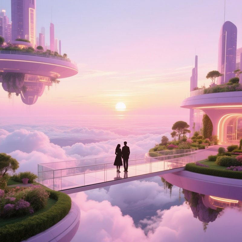 Futuristic Floating Garden City Above Clouds Sunrise