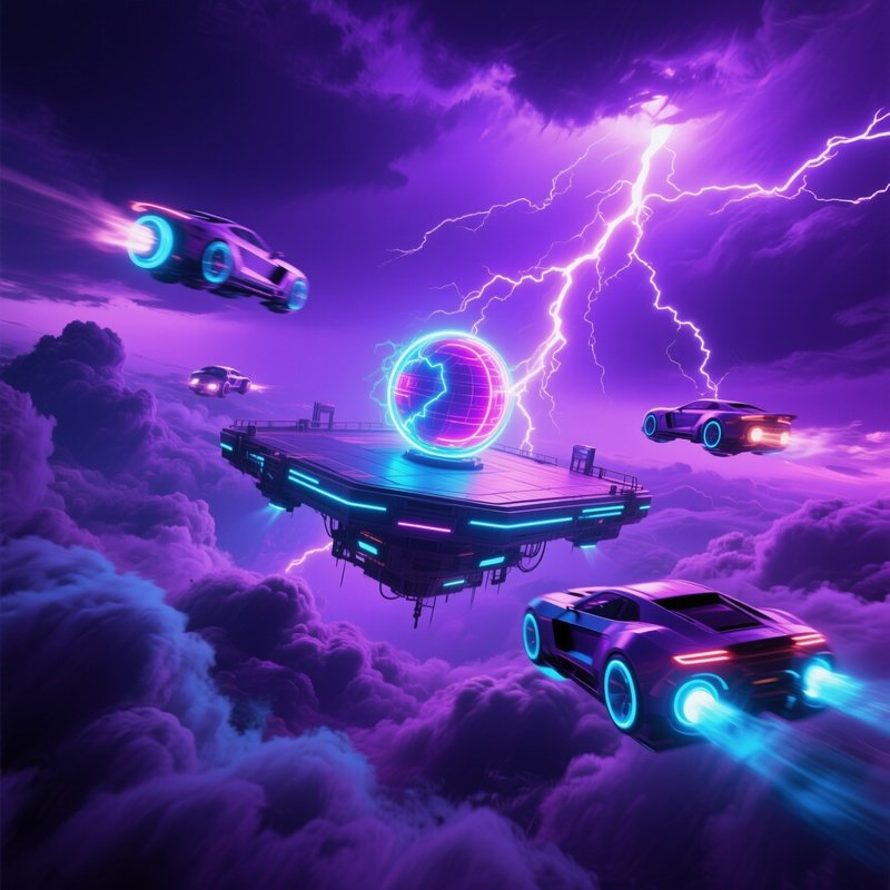 Futuristic Floating Platform With Hover Cars And Neon Sphere