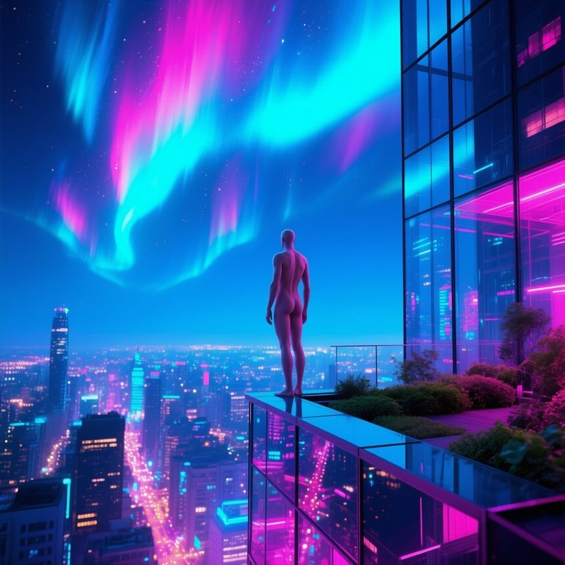 Futuristic Glass Skyscraper Rooftop Garden Naked Figure Edge Neon Aurora