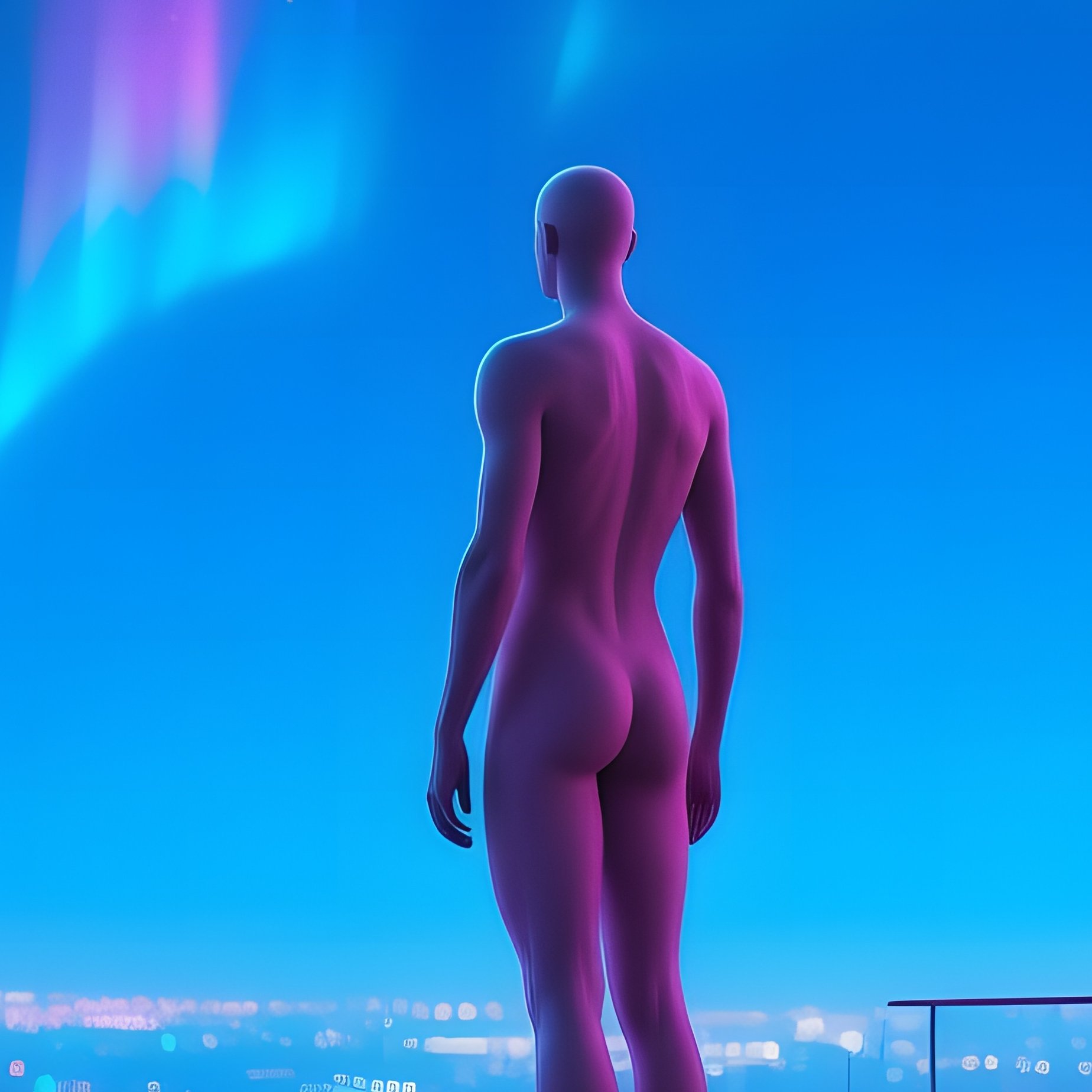 Futuristic Glass Skyscraper Rooftop Garden Naked Figure Edge Neon Aurora - Full Resolution Quality Preview