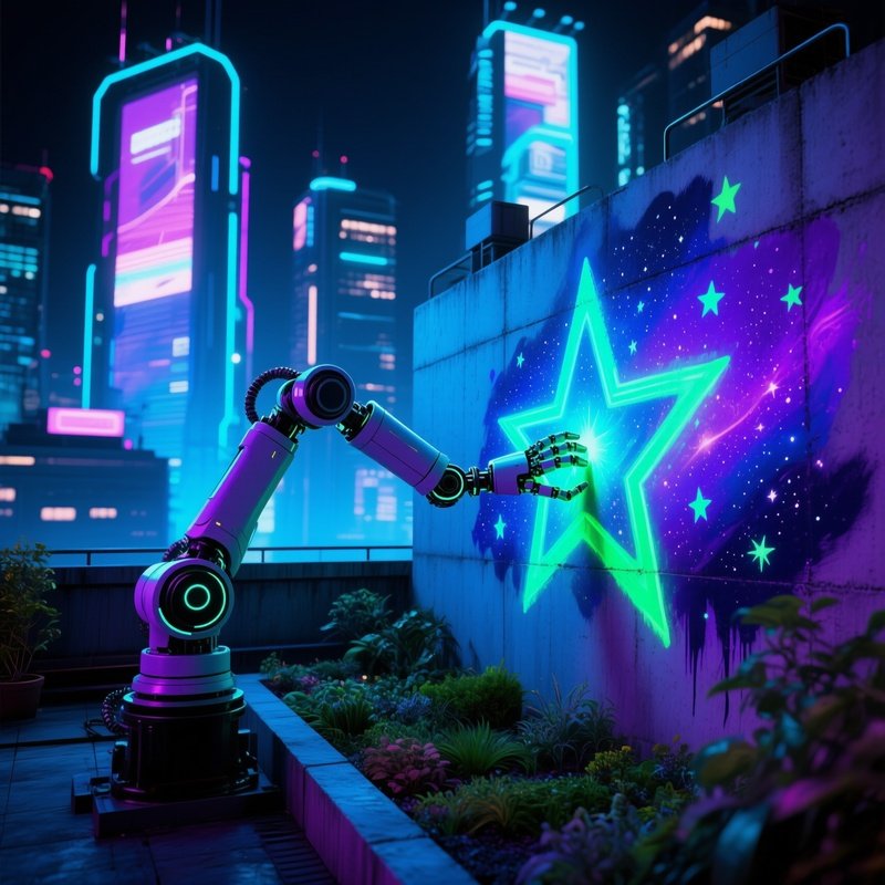 Futuristic Megacity Rooftop Garden Night Holographic Billboards Robotic Arm Fresco Pigments