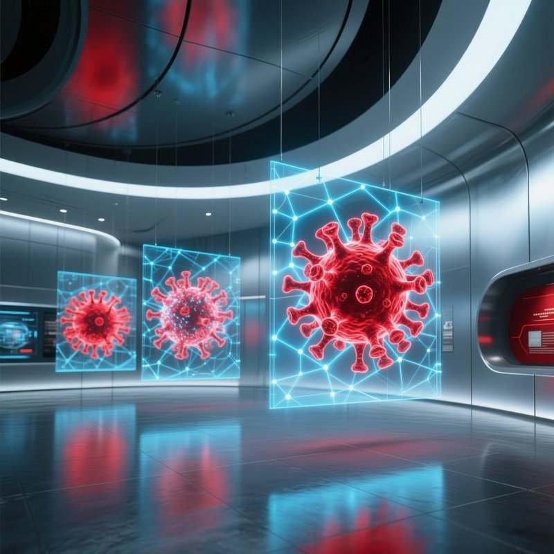Futuristic Museum Exhibit Hall Floating Holograms Virus Network Grid
