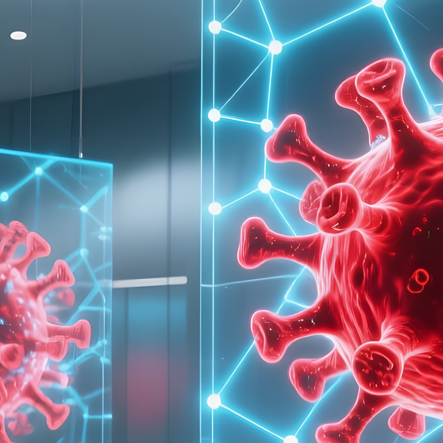 Futuristic Museum Exhibit Hall Floating Holograms Virus Network Grid - Full Resolution Quality Preview