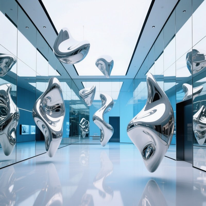Futuristic Museum Lobby With Mirrored Walls And Floating Sculptures