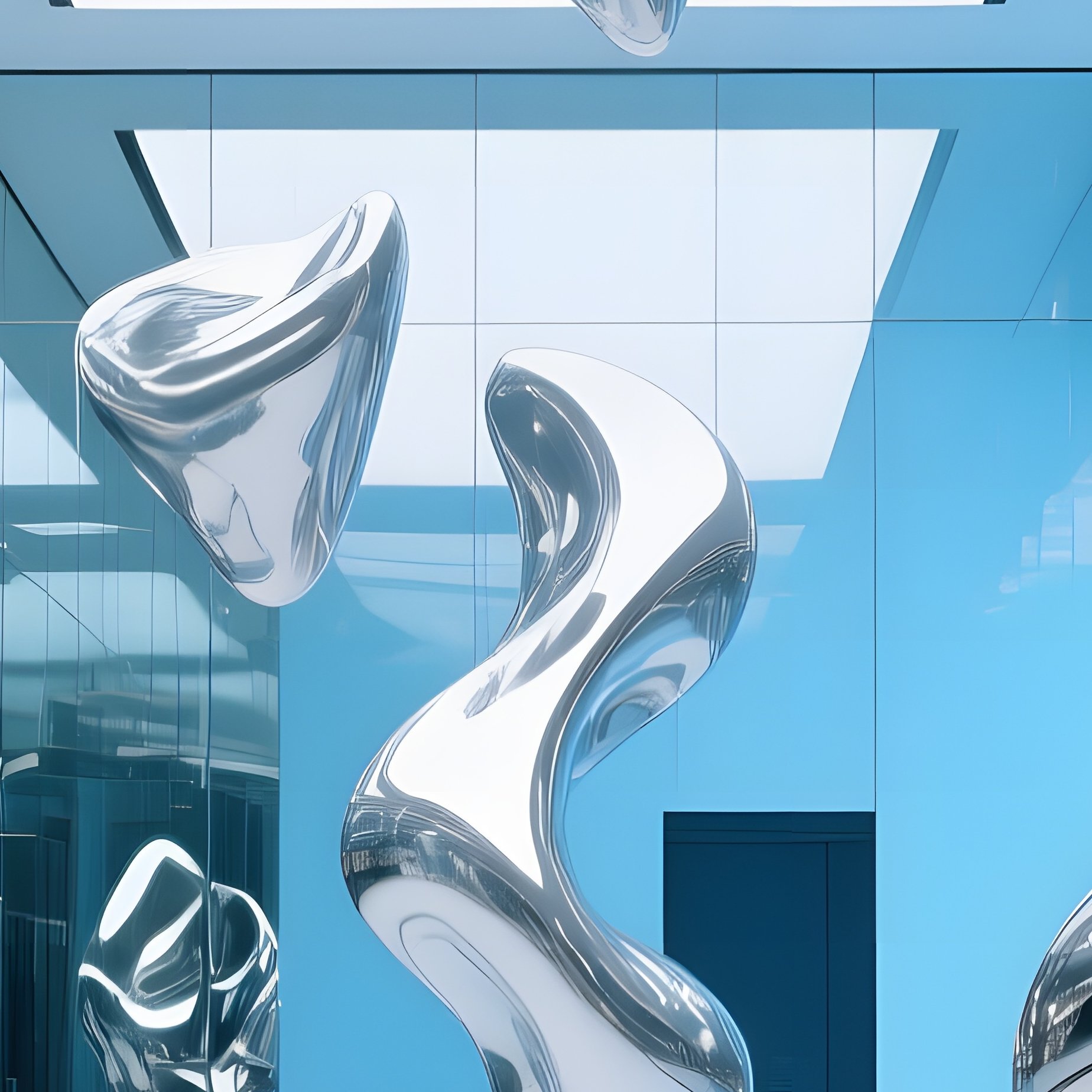 Futuristic Museum Lobby With Mirrored Walls And Floating Sculptures - Full Resolution Quality Preview