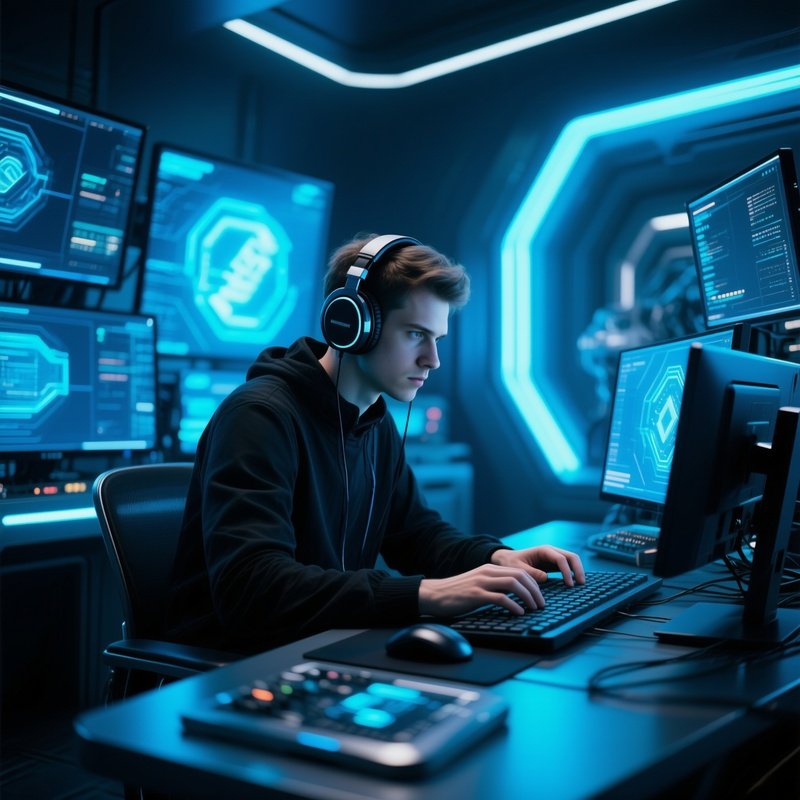 Futuristic Programmer Wearing Headphones