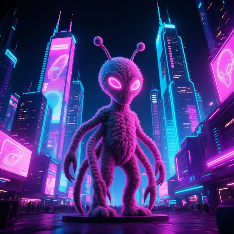 Futuristic Sci Fi Cityscape With Wool Alien Sculpture