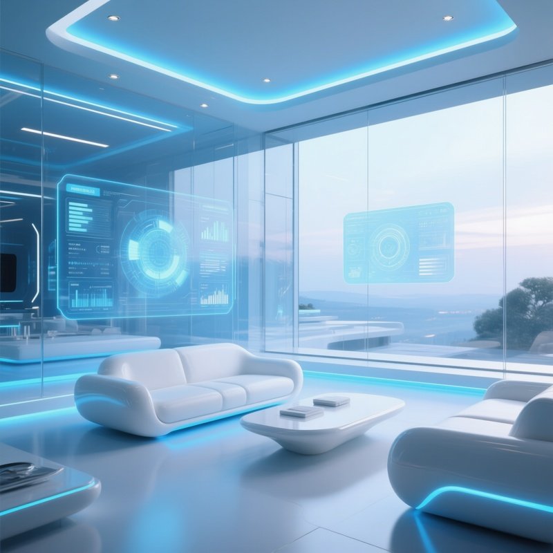 Futuristic Smart Home Interior Transparent Walls Holographic Displays White Clay Furniture Blue