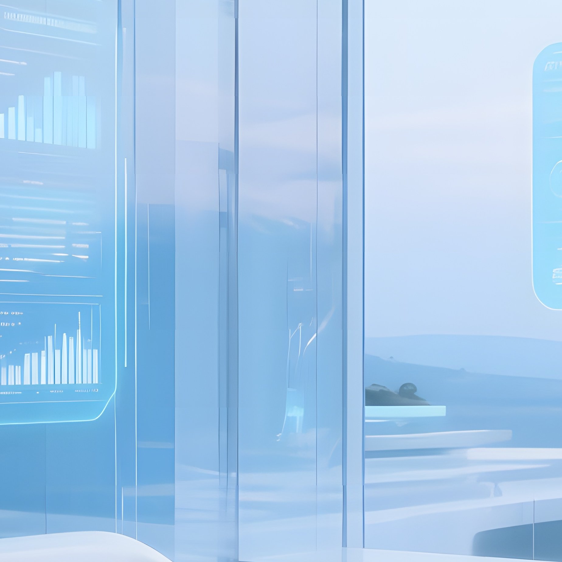 Futuristic Smart Home Interior Transparent Walls Holographic Displays White Clay Furniture Blue - Full Resolution Quality Preview