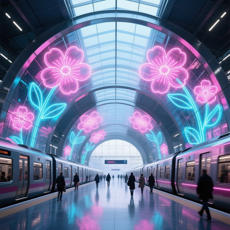 Futuristic Train Station Concourse Neon Flowers