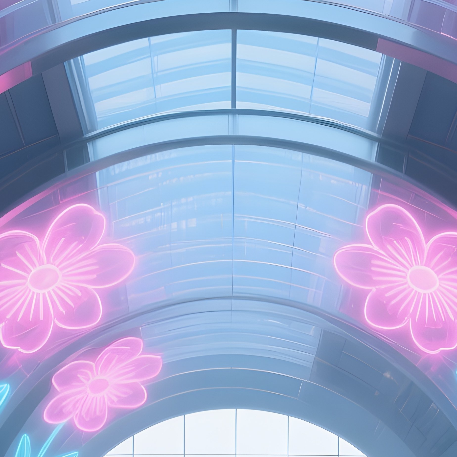 Futuristic Train Station Concourse Neon Flowers - Full Resolution Quality Preview