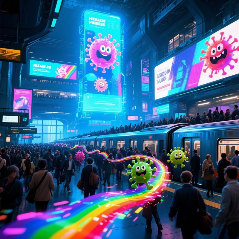 Futuristic Train Station Rush Hour Holograms Virus Characters