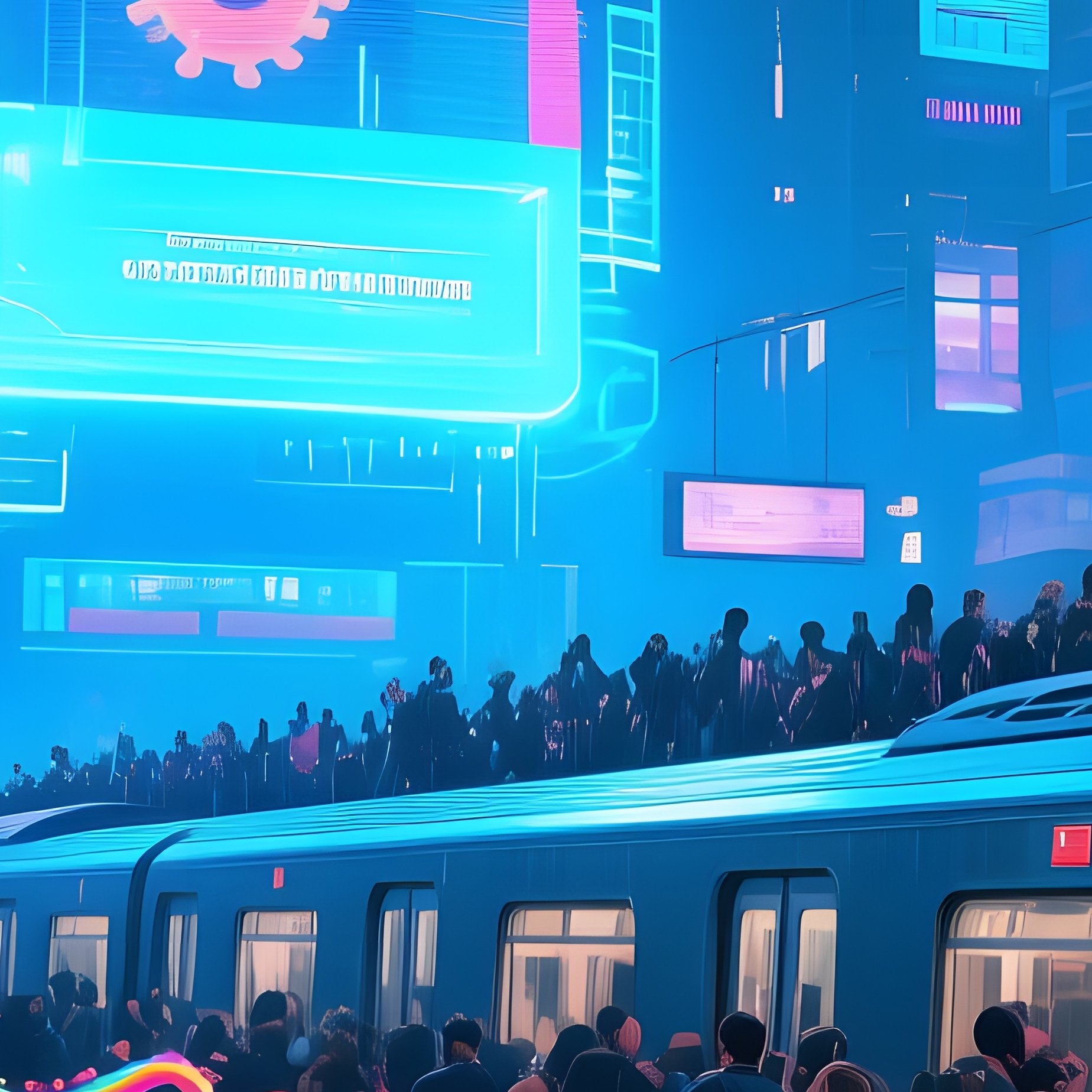Futuristic Train Station Rush Hour Holograms Virus Characters - Full Resolution Quality Preview