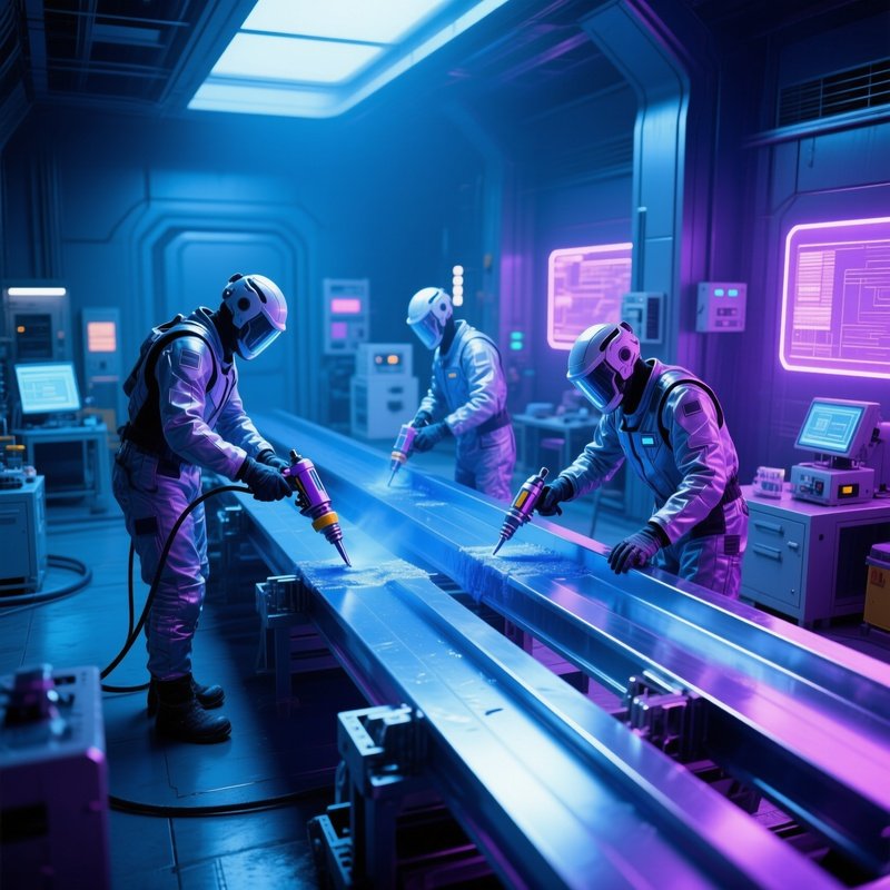 Futuristic Workers Painting Steel Beams With Protective Coating