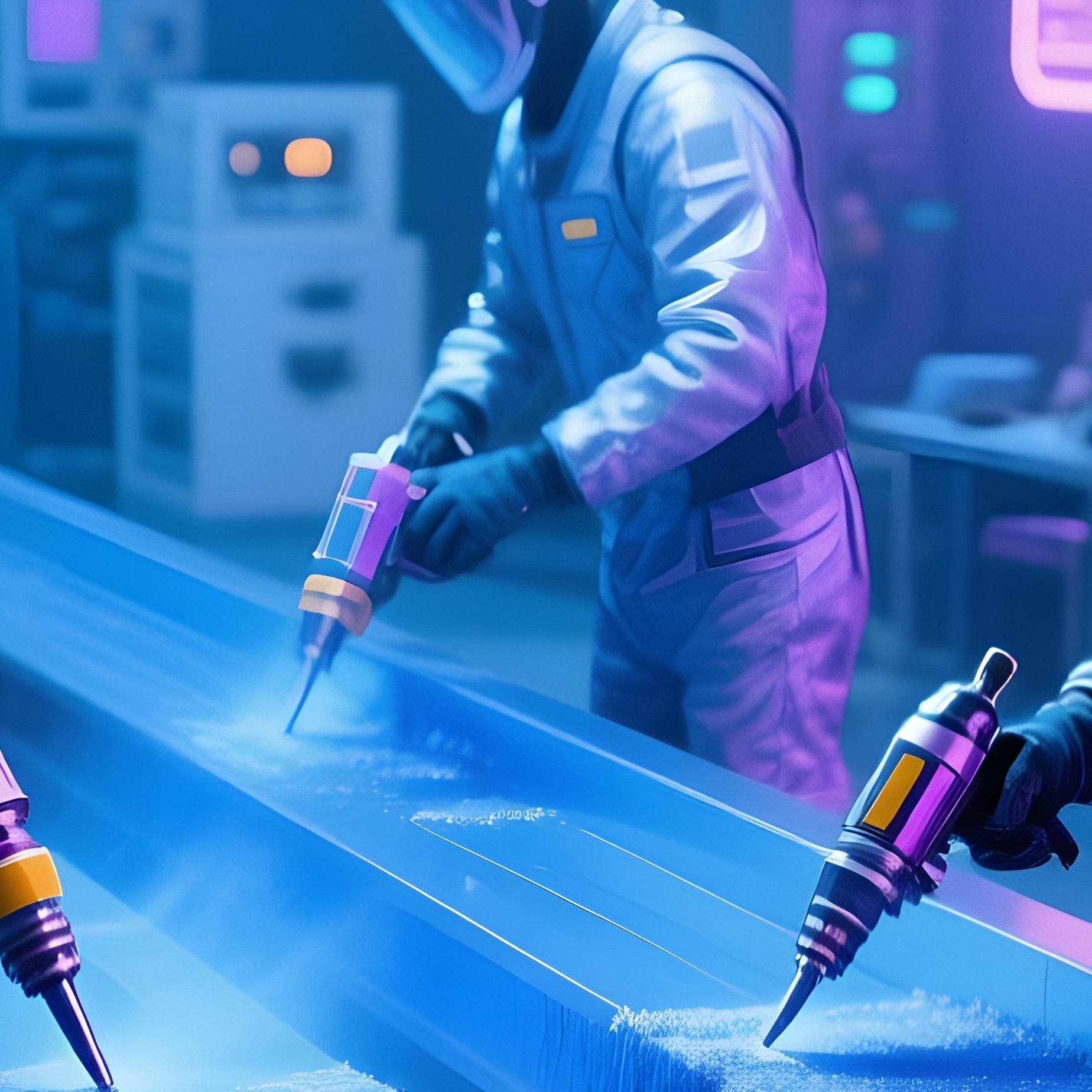 Futuristic Workers Painting Steel Beams With Protective Coating - Full Resolution Quality Preview