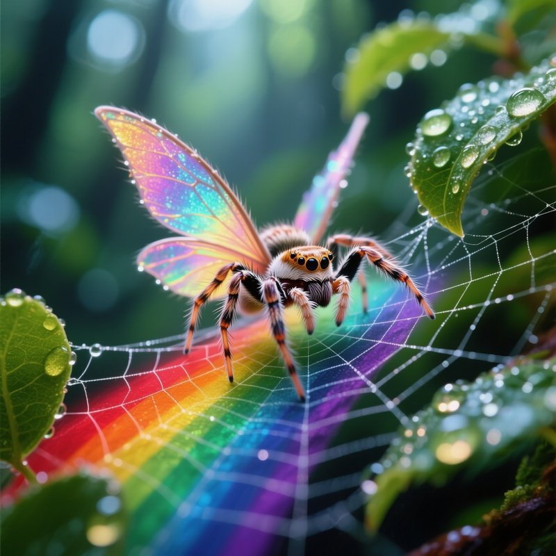 Fuzzy Fairy Spider Weaving Rainbow Webs Photorealistic