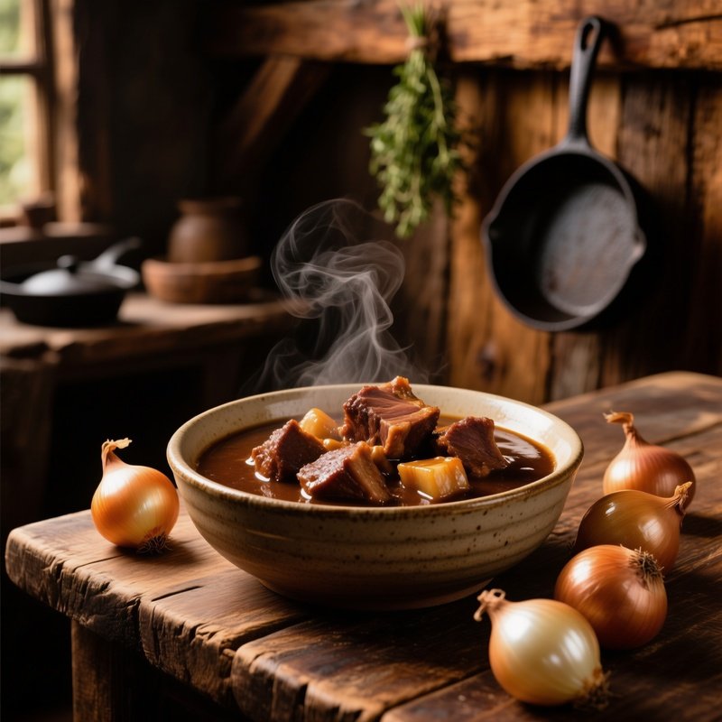 Game Meat Wild Boar Stew Agriogouruno Dark Gravy Pearl Onions