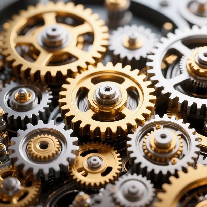 Gear Mechanism: A Complex, Interlocking System Of Golden And Silver Gears Turning Together, Macro View, Symbolizing Operational Synergy And Mechanics.