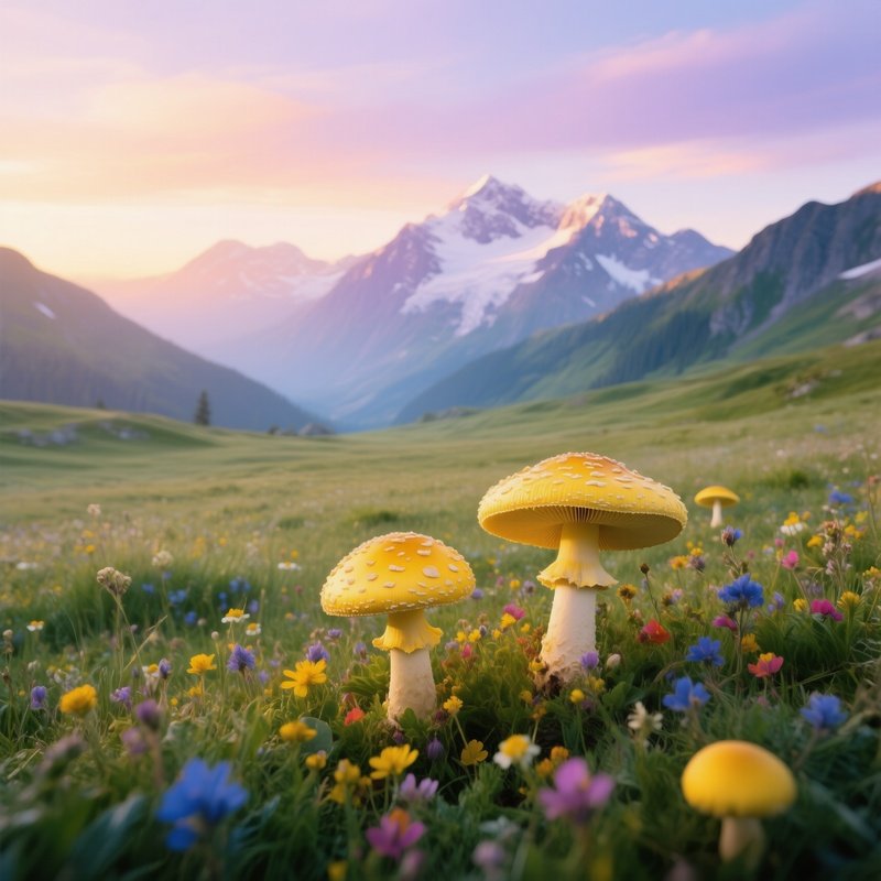 German Alpine Meadow Dawn Parasol Mushrooms