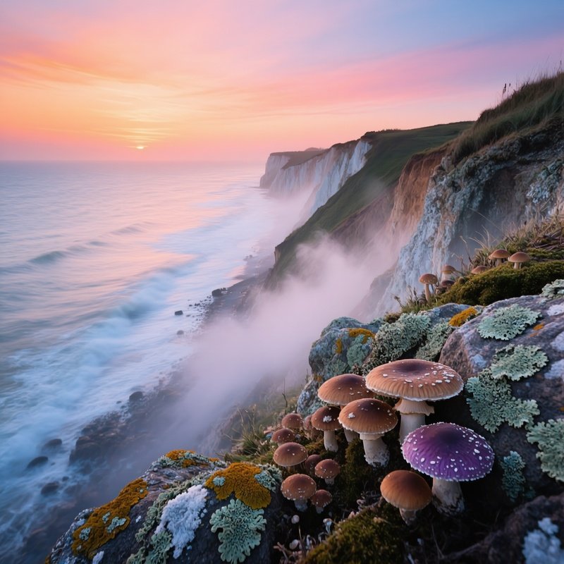 German Coastal Cliff Sunset Sea Spray Lichens Mushrooms