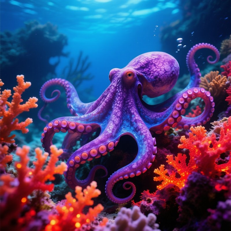 Giant Octopus Wrap Around Glowing Coral Reef